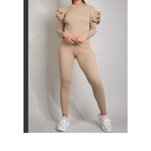 Ribbed Fine Knit Ruffle Jumper Legging Set